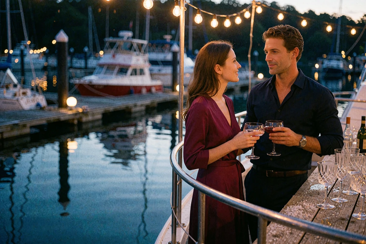 Couple sharing cocktails at a marina-side rail overlooking San Diego harbor at night