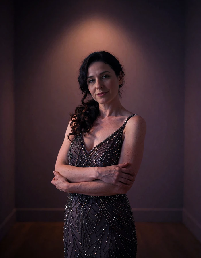 Woman with dark curls in a beaded charcoal gown standing in a dim private gallery space