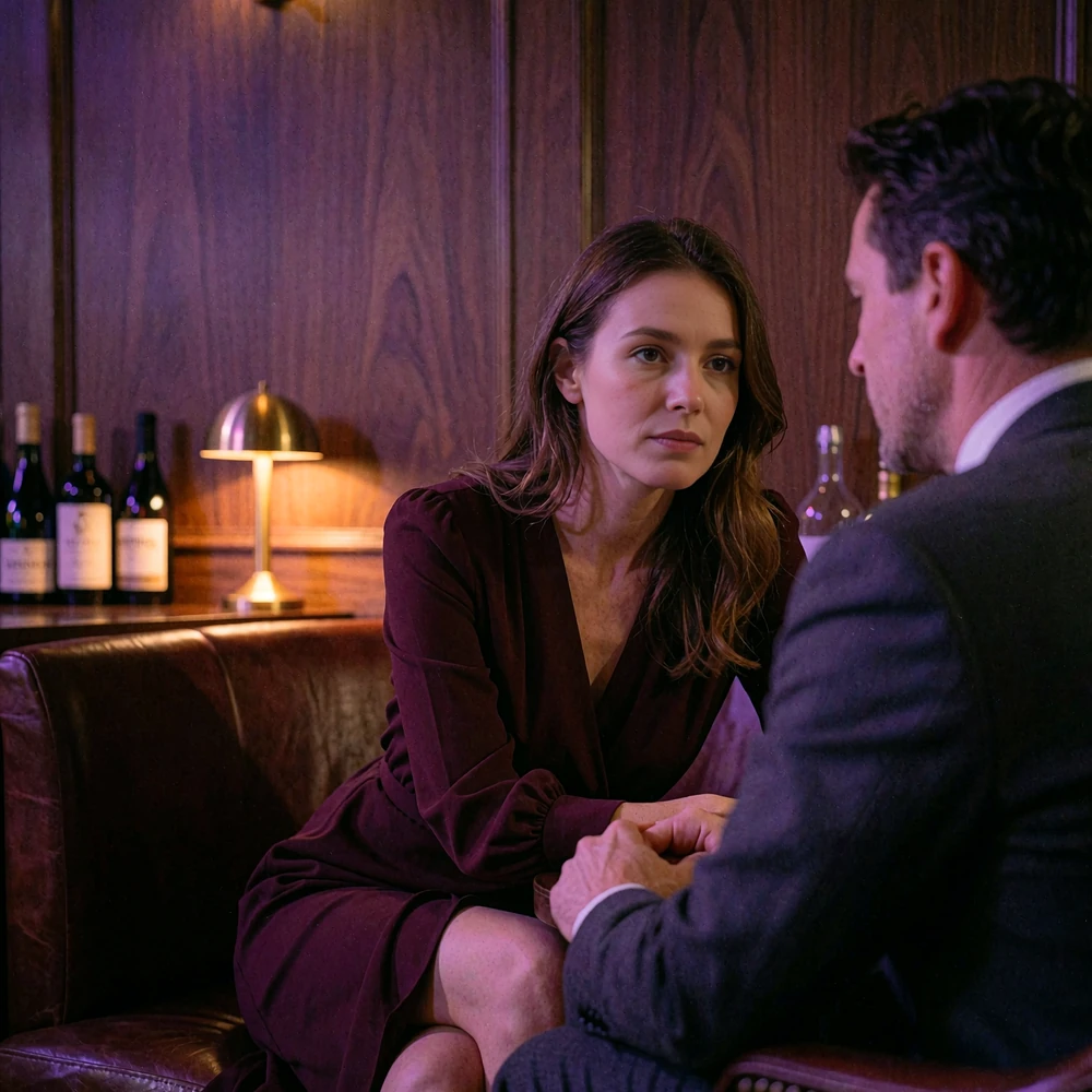 Woman in a burgundy dress leaning in to listen intently to her companion in a private members' club booth