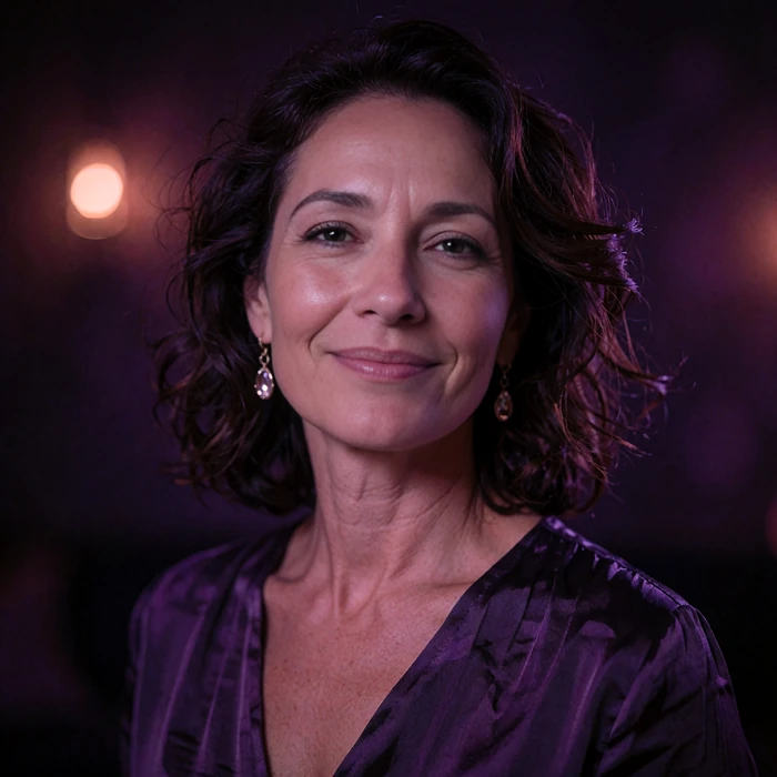 Warm confident woman in her late forties with soft dark waves smiling in a dim lounge with amber light