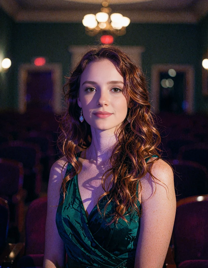 Woman with auburn waves in an emerald evening dress and drop earrings in a theatre foyer