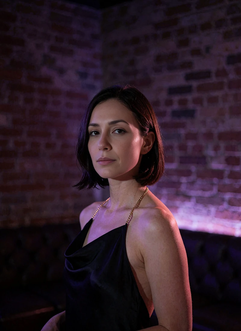 Woman with a sleek dark bob in a black silk halter dress standing in a brick-walled Deep Ellum cocktail room