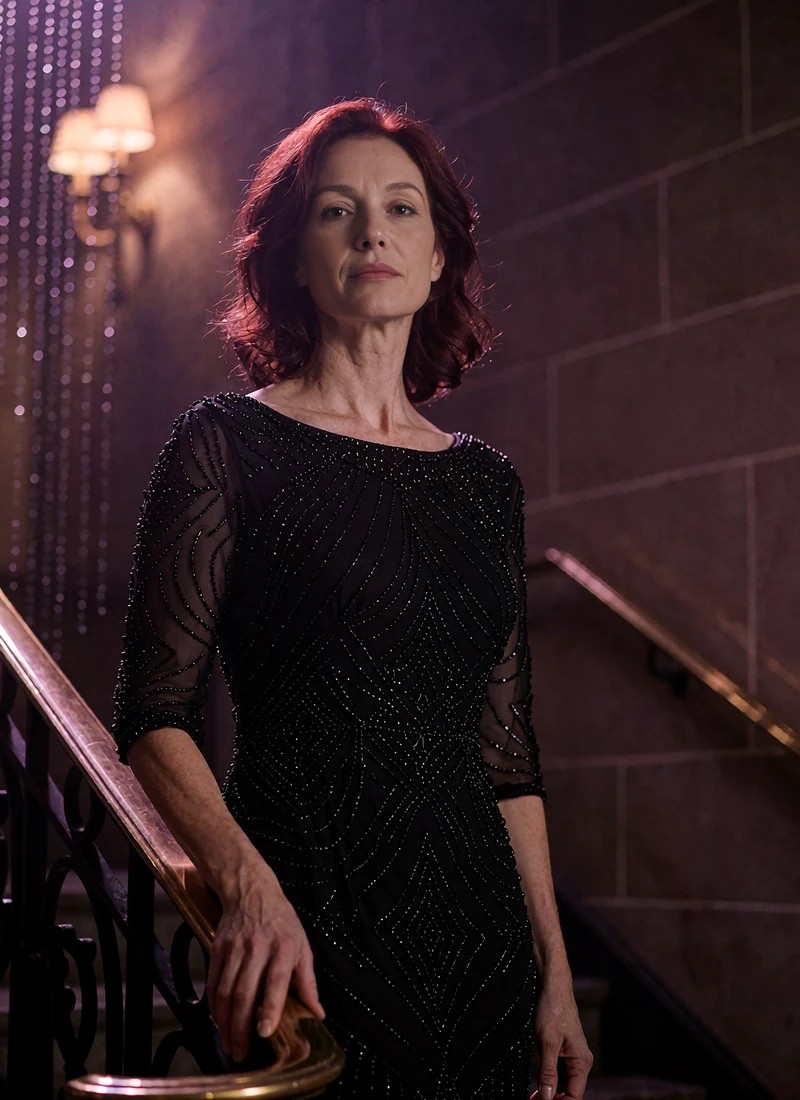 Auburn-haired woman in a black beaded evening dress standing on a stairwell of an upscale Indianapolis venue
