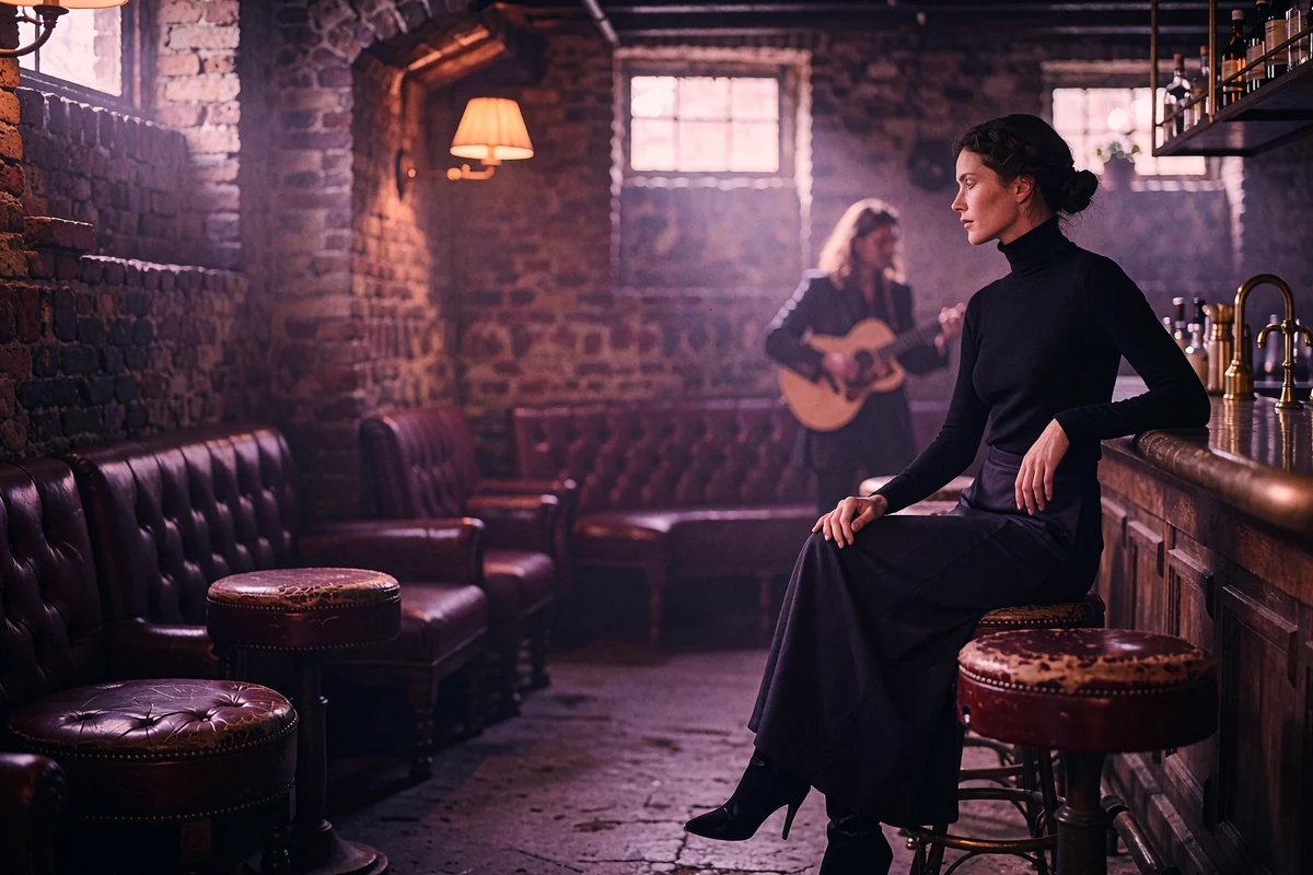 Woman in a black turtleneck seated at a dim Capitol Hill jazz basement bar with warm amber lighting