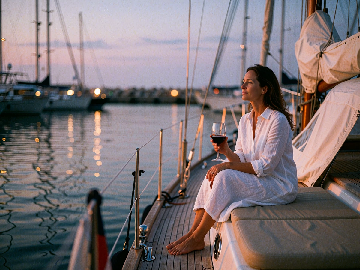 Woman in a white linen dress relaxing on the aft deck of a yacht in a San Diego marina at dusk
