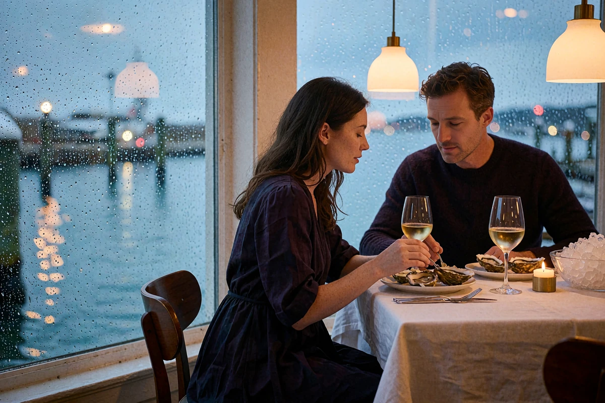 Couple sharing oysters and wine at a window table in a Seattle harbor-side restaurant at night