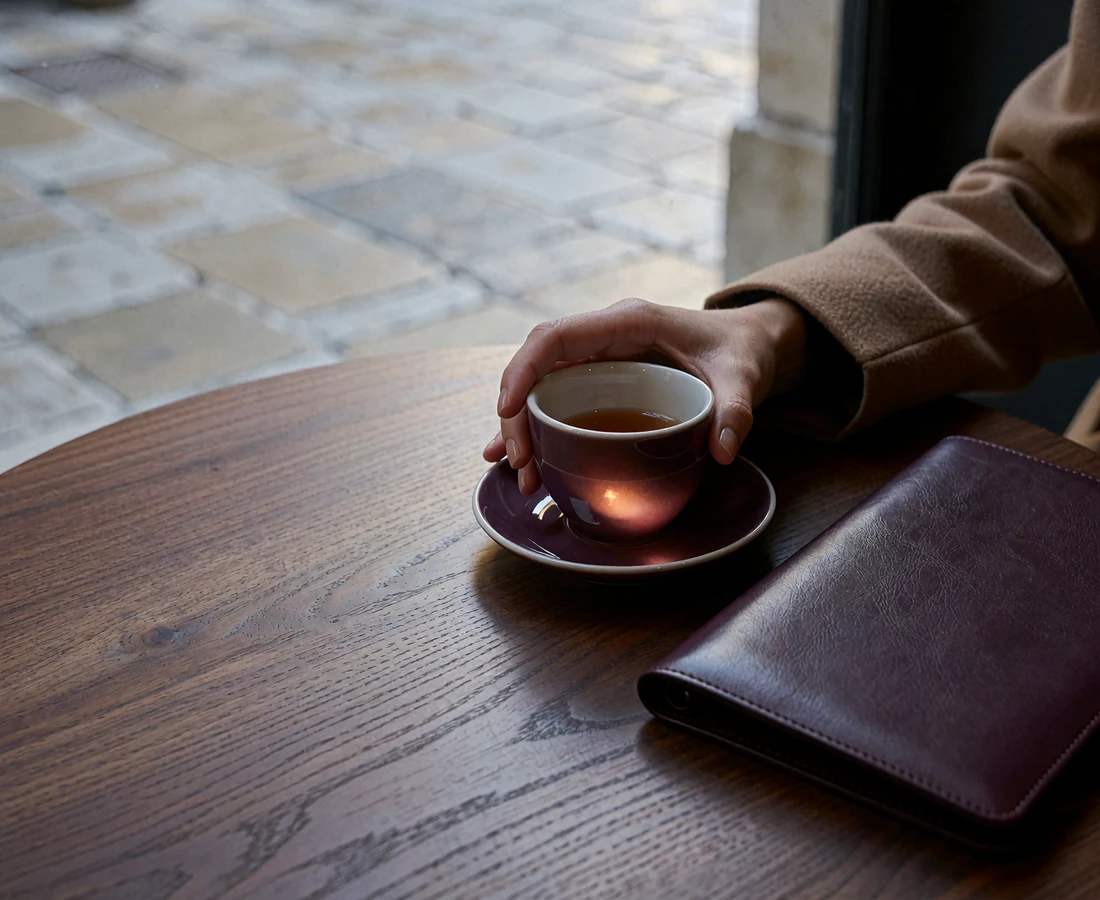 Close view of a woman's hands around a porcelain coffee cup on a walnut cafe table beside a closed leather folio