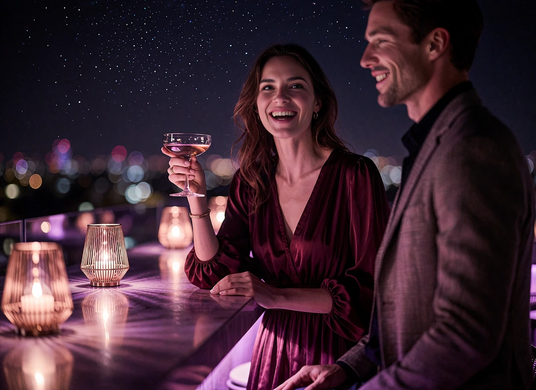 Couple at a rooftop bar rail in Atlanta at night, woman in a burgundy dress holding a cocktail glass and laughing
