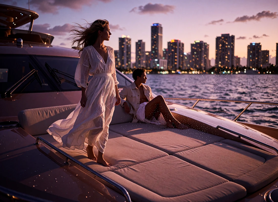 Woman in a white dress standing on the deck of a private yacht crossing Biscayne Bay at dusk with the downtown Miami skyline behind her