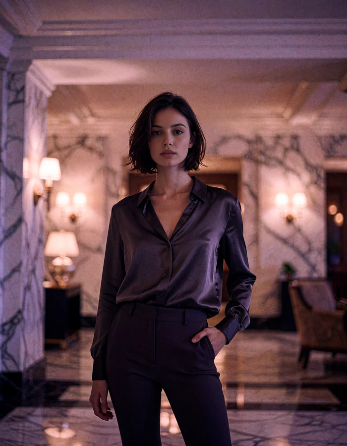 Woman with a short dark bob in a charcoal silk blouse standing in a marble hotel lobby
