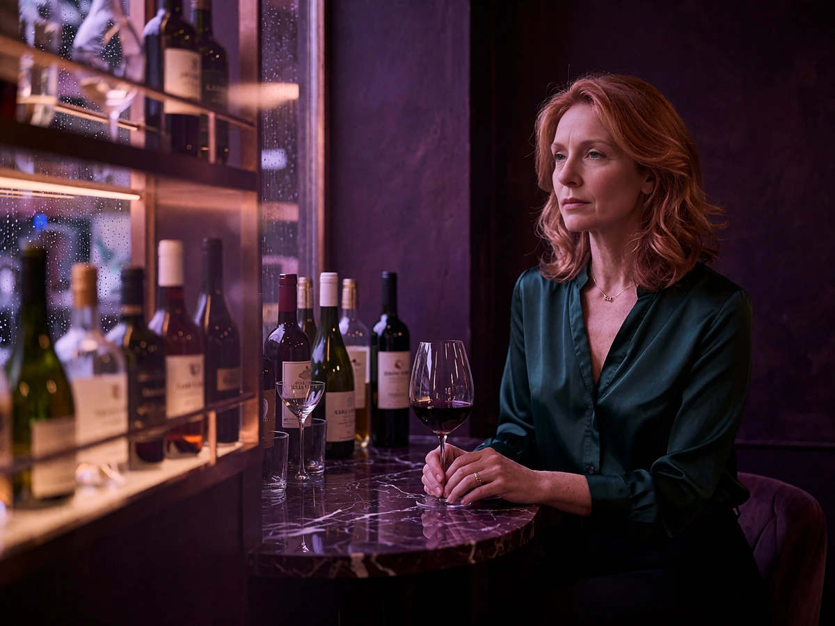 Woman with copper-toned hair in a dark green silk blouse seated at a marble wine-bar counter in Portland