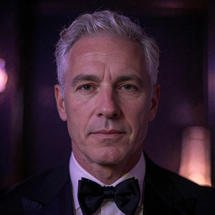 Composed grey-haired man in a black tuxedo and bow tie photographed inside a darkened private club