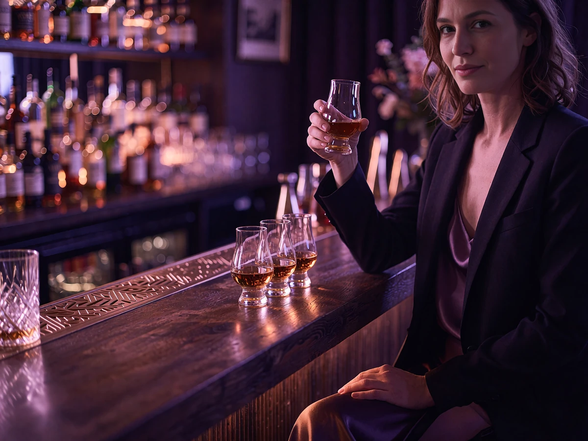 Woman at a bar counter lifting a small tasting glass beside a row of whiskey pours in a Nashville lounge