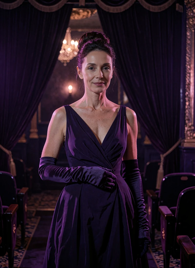 Refined woman in a deep violet gown and long gloves standing in a theatre foyer with dark velvet curtains and warm chandelier light