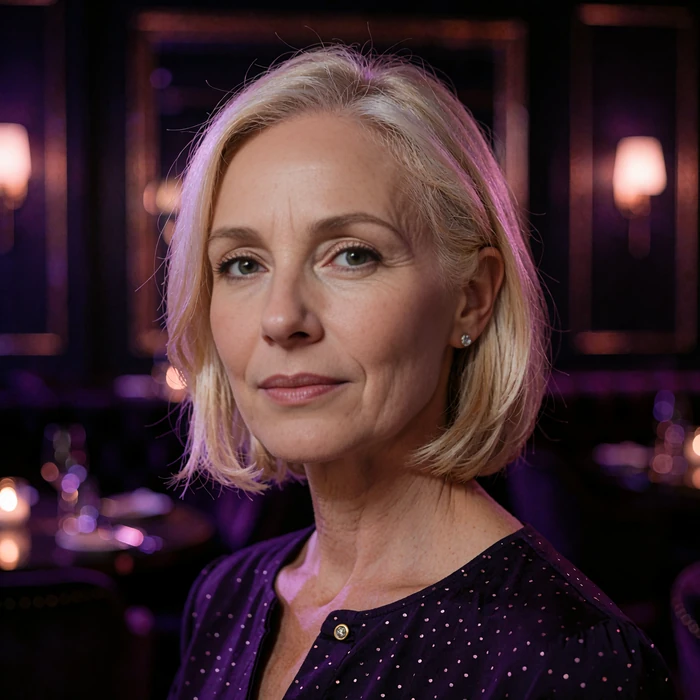 Elegant woman in her late forties with a sleek blonde bob looking calmly toward the camera