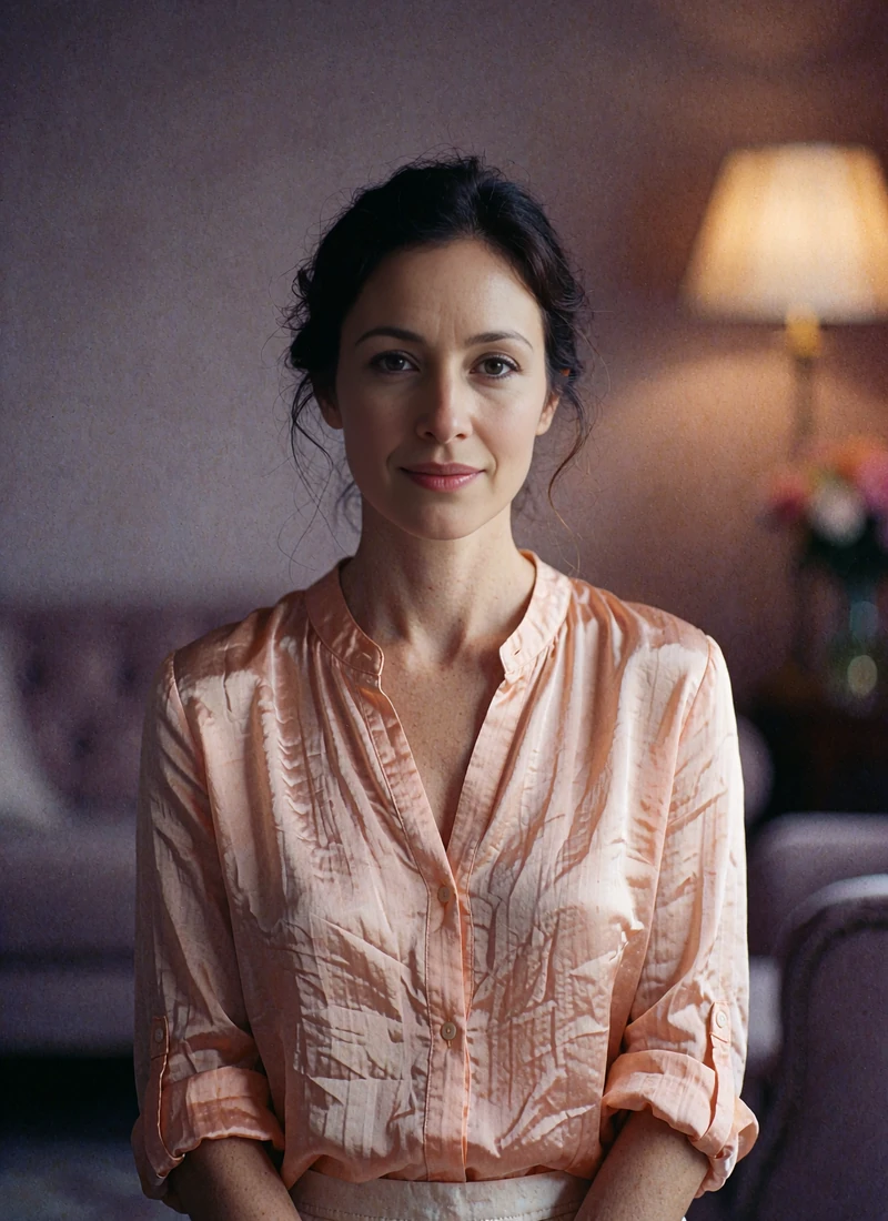 Woman with a dark chignon in an apricot silk blouse in a softly lit upscale interior