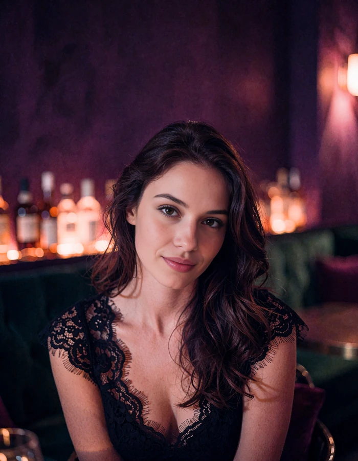 Woman with dark wavy hair in a black lace-trimmed evening top in a dim lounge with amber lighting